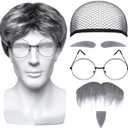 Costume Set: Wig, Wig Cap, Glasses, Fake Beard & Eyebrows - Adult Unisex Cosplay Accessories - Masquerade, Birthday, Wedding, Halloween & More