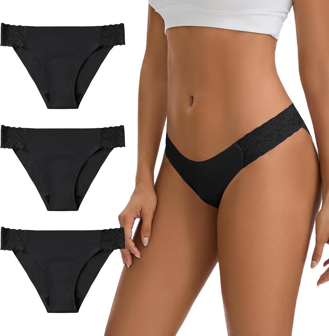 Women's Period Underwear Seamless No Show Invisible Lace Leakproof Menstrual Bikini Panties 3-Pack (Black Truffle)