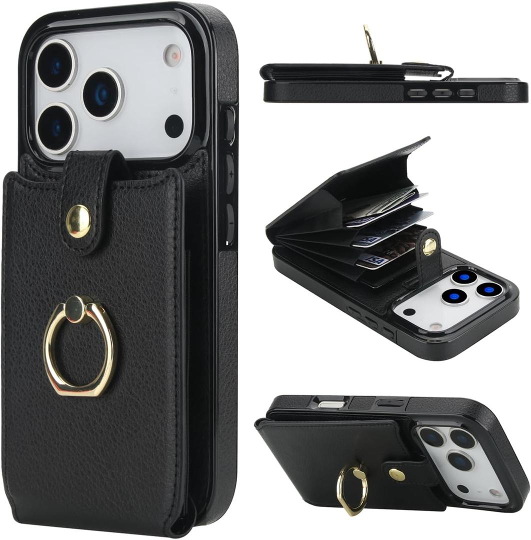 Folosu Compatible with iPhone 17 Pro Case Wallet with Card Holder, 360Rotation Finger Ring Holder Kickstand, RFID Blocking Leather Protective Double Buttons Shockproof Cover 6.3 Inch Black