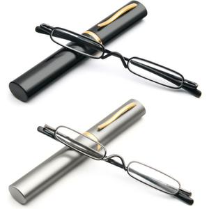 prtcslwd 2 Pack Mini Slim Reading Glasses Spring Hinge Metal Reading Aid Unisex Visual Aid with Case