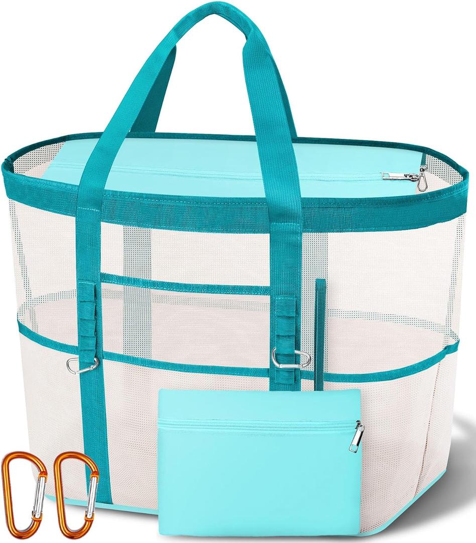 2026 Stylish & Spacious XX-Large Beach Bag for Women Mesh Canvas Tote with Top Zipper, 11 Tall Pockets | 40L+ Spacious
