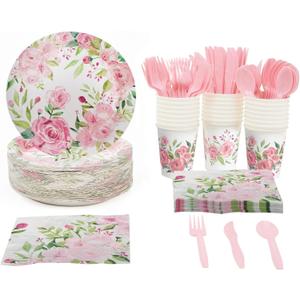 BLUE PANDA 144 Piece Vintage Style Tea Party Supplies, Includes Disposable Floral Paper Plates, Napkins, Cups, & Cutlery, For Baby Showers, Weddings & More, Serves 24