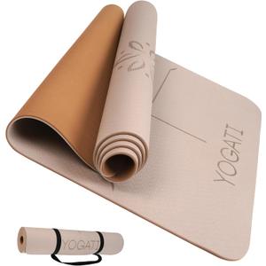 YOGATI® Yoga Mat with Strap with Alignment Lines. Home Workout Mat for Women, Men and Kids. Thick Non Slip Yoga Mat for Pilates and Fitness. Brown, Pink and Purple Yoga Mats