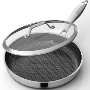 LOLYKITCH 12 In Nonstick Frying Pan Skillet with Lid, Ceramic Coating, Triply Stainless Steel, Induction Compatible, PFOAfree, Oven Safe to 600°F, Dishwashersafe, Detachable Handle