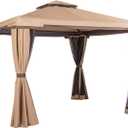 Skiway 10'x 10' Patio Gazebo Canopy Outdoor Tent Shelter with Double Square Tops, Shade Curtains and Mosquito Netting -Brown, Front Porch