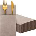 Seajan 35 Pieces Pocket Linen Napkins, Disposable Airlaid Paper Prefolded Dinner Napkins with Built in Flatware Pocket for Silverware Wedding Party, (Wood Color)