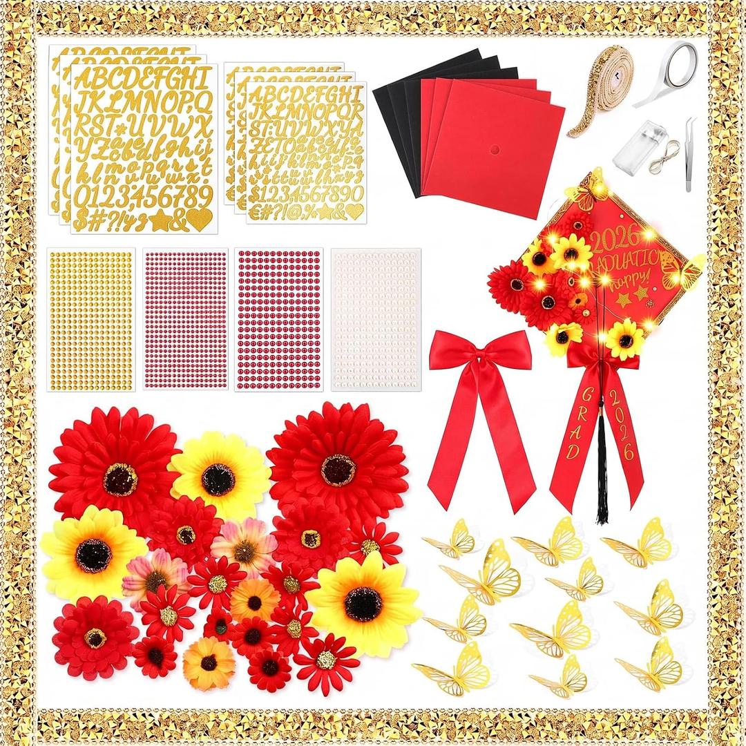 Wavwavw 59 Pcs DIY Graduation Cap Decorations Kit, Red 2026 Grad Cap Decor with Lights Included Bow Faux Daisy Flowers 3D Butterfly Pearl Letters Stickers Construction Paper for DIY Grad Hat Topper