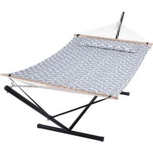 SUNCREAT 55 Inch Extra Large Double Hammock with Stand, 475lbs Capacity, Outdoor Portable Hammock with Hardwood Spreader Bar, Extra Large Pillow, Grey
