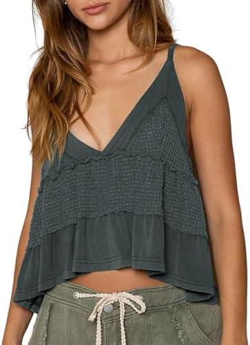 VNIRA Womens Sleeveless Peplum Spaghetti Strap Babydoll V Neck Ruffle Loose Fit Waffle Knit Crop Boho Tank Tops Size Medium, Dark Grey 