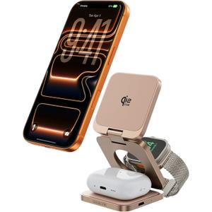 LULULOOK 3 in 1 Charging Station - Qi2.2 25W Wireless Charger Magnetic for iPhone 17/16/15/14/13/12, Apple Watch, AirPods, Fast Charge Stand with 45W GaN Adapter, Foldable Aluminum Alloy (Desert Gold)