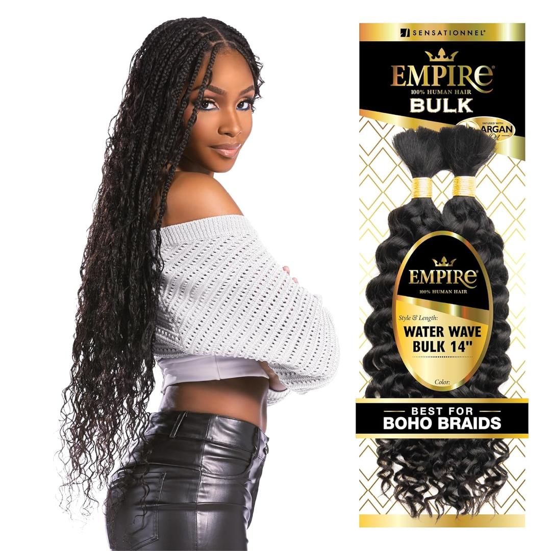 Sensationnel Empire Bulk Braiding  Water Wave Human Hair Braids for Knotless Boho Box or Curly Loosewave Styles 1 pack (14 inch, 4 MEDBROWN)