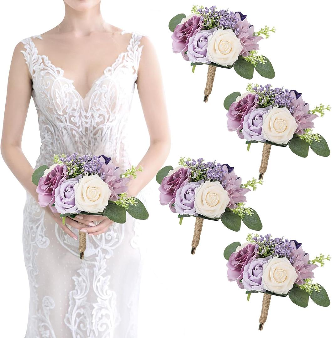 SEMONONIA Artificial Bridesmaid Bouquets 4Pcs 7 Inch Bridesmaid Bouquets Fake Floral Silk Rose Handmade for Wedding Holding Flowers, Bridal Shower, Engagement Wedding Ceremony Anniversary Lilac