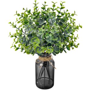 Der Rose 14.5" Fake Plants for Black Bathroom Decor Artificial Eucalyptus Stems in Black Glass Vase with Faux Water for Office Desk Accessories Home Wedding Decor