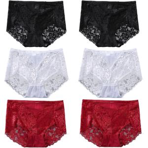 Sexy High Waisted Underwear for Women Plus Size Briefs Breathable Lace Panties High Waisted Cheekster Granny Panties (XX-Large Plus, 6pcs-black/Red/White)