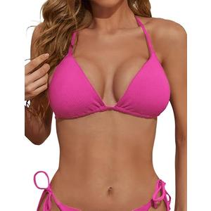 Women's Triangle Bikini Top Ribbed Push up Padded Halter String Bathing Suits Top (Large, Rose)