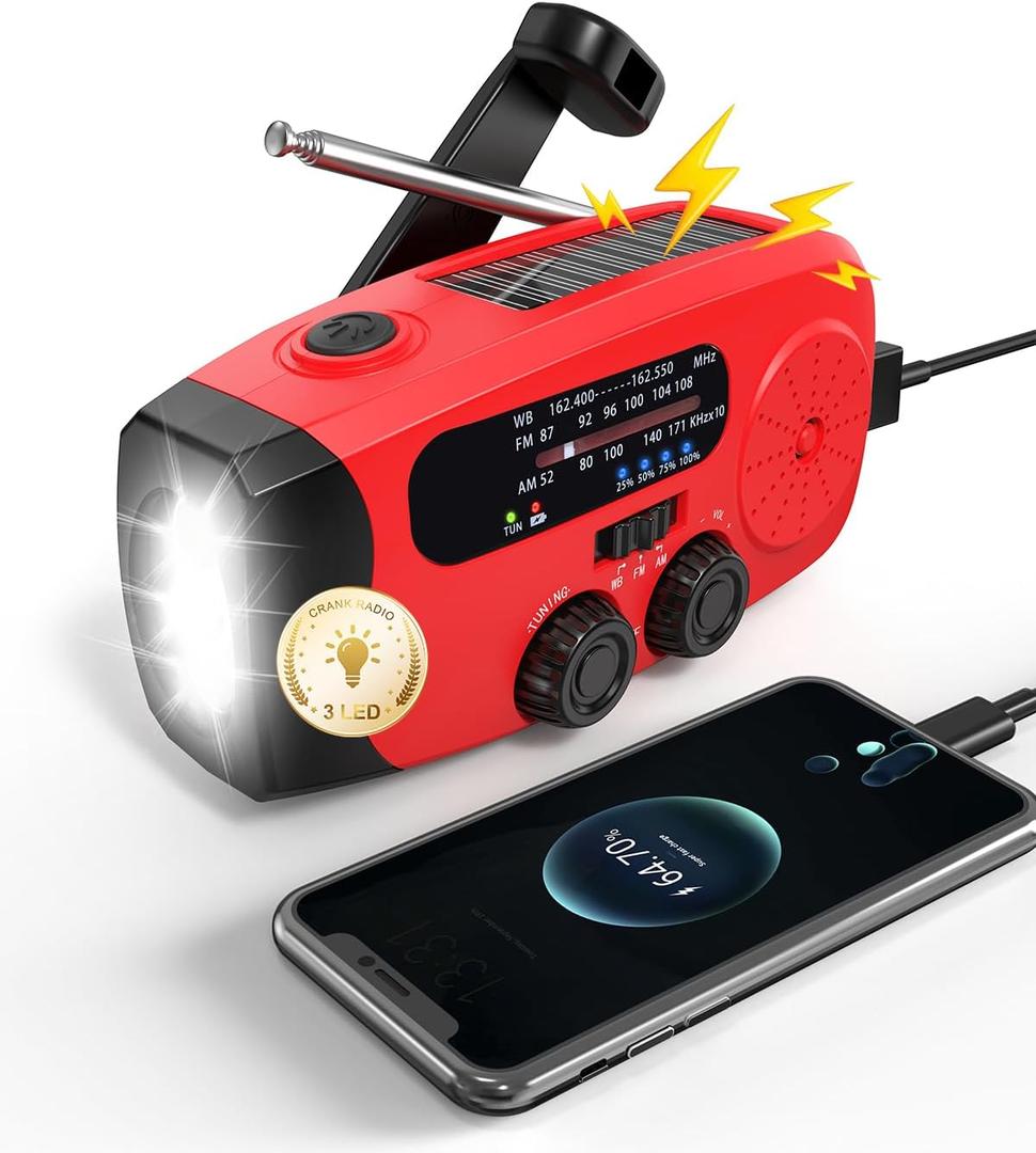 Emgykit 086S Hand Crank Emergency Radio - 2000mAh/7400mWh AM/FM/NOAA Solar Hand Crank Emergency Radio with 3 LED Flashlight, SOS Function for Emergencies, Camping - Red