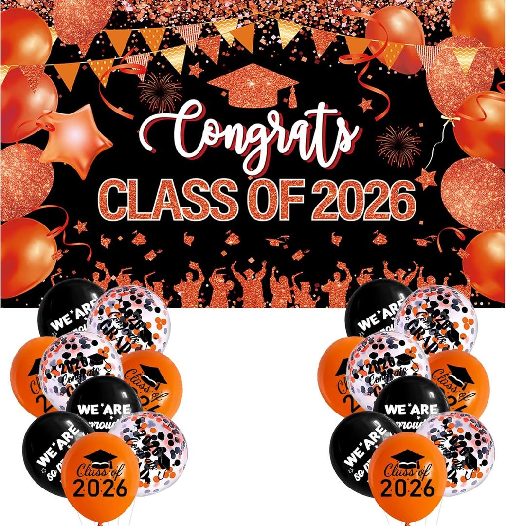 Orange and Black Graduation Decorations Class of 2026 Banner with 18 Pcs Grad Balloons Set - Large Congrats Grad 2026 Graduation Backdrop Decor, Orange Graduate Balloons Grad Party Decorations