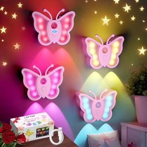 LOFTEK Rechargeable Motion Sensor Light, 2 Color Modes, Dimmable RGB Ambient Lighting, Cute Butterfly Light for Kid's Bedroom, Bathroom, Hallway, Tent & Stairs - Ideal Home Decor & Gift, Pink of 4
