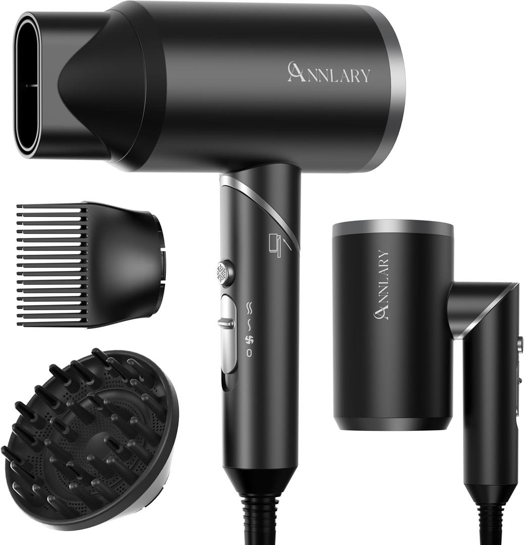 ANNLARY Plasma Ion Hair Dryer with Diffuser for Curly Hair, 1800W Fast Drying Blow Dryer with Comb, Lightweight and Low Noise Hairdryer for All Hair Types, Foldable Design for Travel