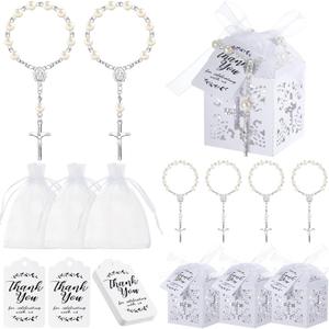 Yinkin 100 Pieces Rosaries Baptism Sets Including Mini Rosary, Cross Favor Boxes, Organza Gift Bags and Thank You Kraft Tags Guest Return Gifts for Baptism Wedding Decor(Silver)