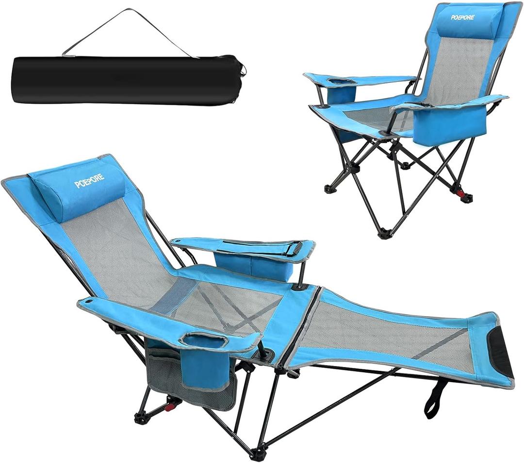 Reclining Camping Chair 4 Position with Foot Rest Comfortable for Adults 265Ibs Folding Lounger Mesh Beach Chair with Cooler Bag and Cup Holder for Outdoor Patio (Single - No Cotton Pad, Blue)