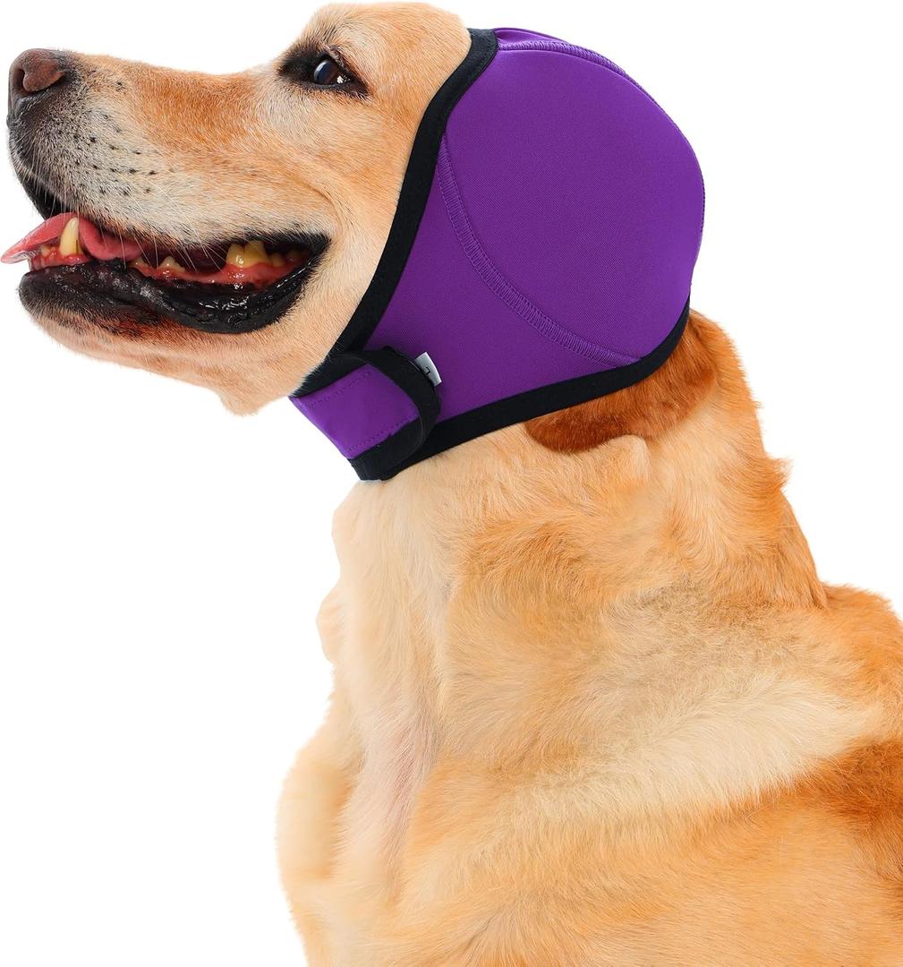 Meifsou Dog Head Wrap - Quiet Ears for Anxiety, Waterproof Dog Calming Hood, No Shake Ear Cover Snoods for Thunder, Lightning, Fireworks, Vet Visits, Polyester and SBR Diving Fabric, Purple, Small