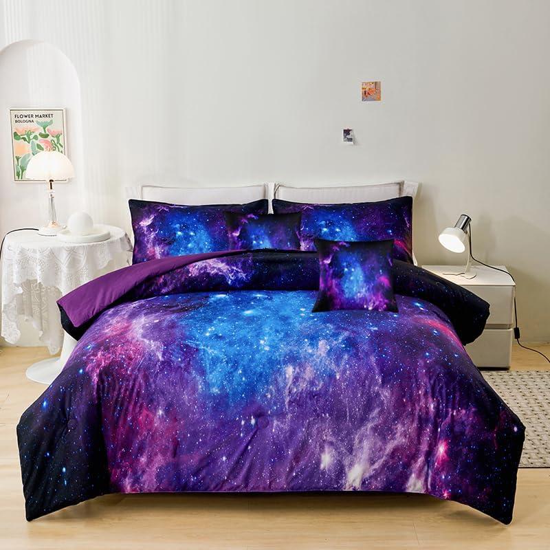 7PCS Purple Comforter Sets Queen,Girls Galaxy Comforter Queen,Girls Bed Sets Queen,Bed in a Bag with Flat Sheet and Fitted Sheet,Pillowcases,Cushion Covers for Girl,Galaxy Bedding Sets, Queen-7pcs