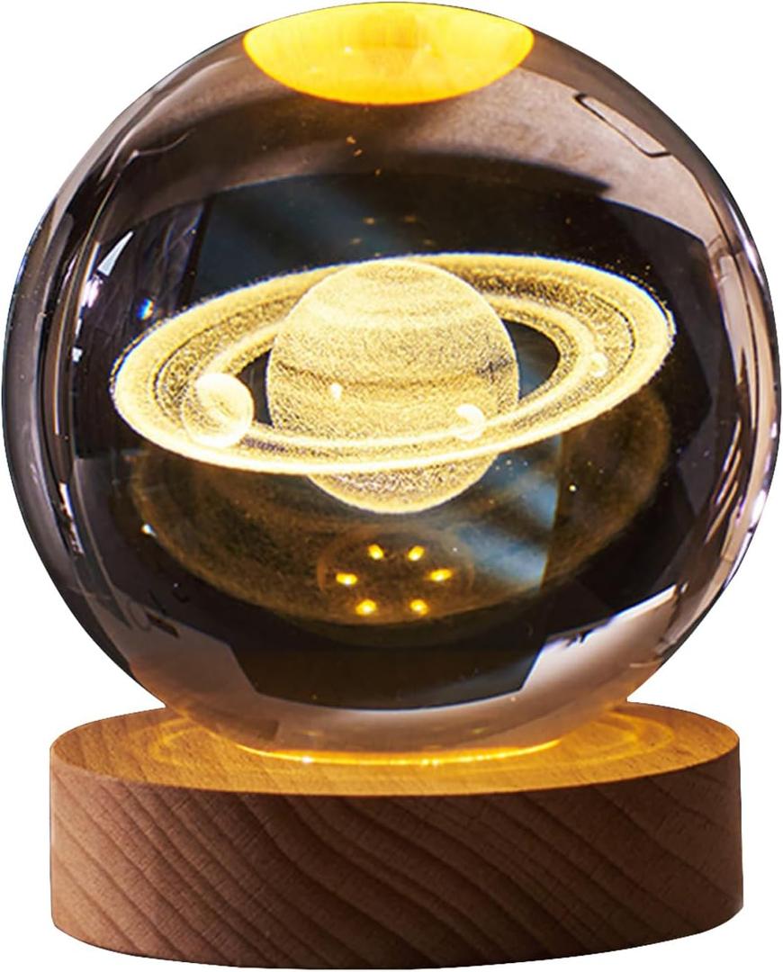 KAZETEC 3D Crystal Ball Saturn Night Light, 2.35inch(60mm) Space Decor Magical Globe, Nightlight Kids Bedroom Decor, Nightlight Decolamp, as a Birthday Gift for Teens.