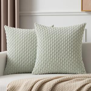 Kevin Textile 2 Packs Light Green Decorative Throw Pillow Covers 20x20 Inch for Living Room Couch Bed Sofa Spring Soft Striped Corduroy Square Cushion Case 50x50 cm Rustic Farmhouse Boho Home Decor