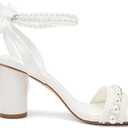 Block Heel Wedding Sandals Pearl Heels Wedding Shoes for Bride Open Toe Bridal Shoes (6, White)