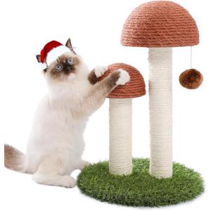 PETEPELA Cat Scratching Post, Mushroom Tall Cat Scratcher Featuring with Natural Sisal Scratching Poles and Interactive Toy Ball for Kittens and Small Cats (Brown) (18.9")