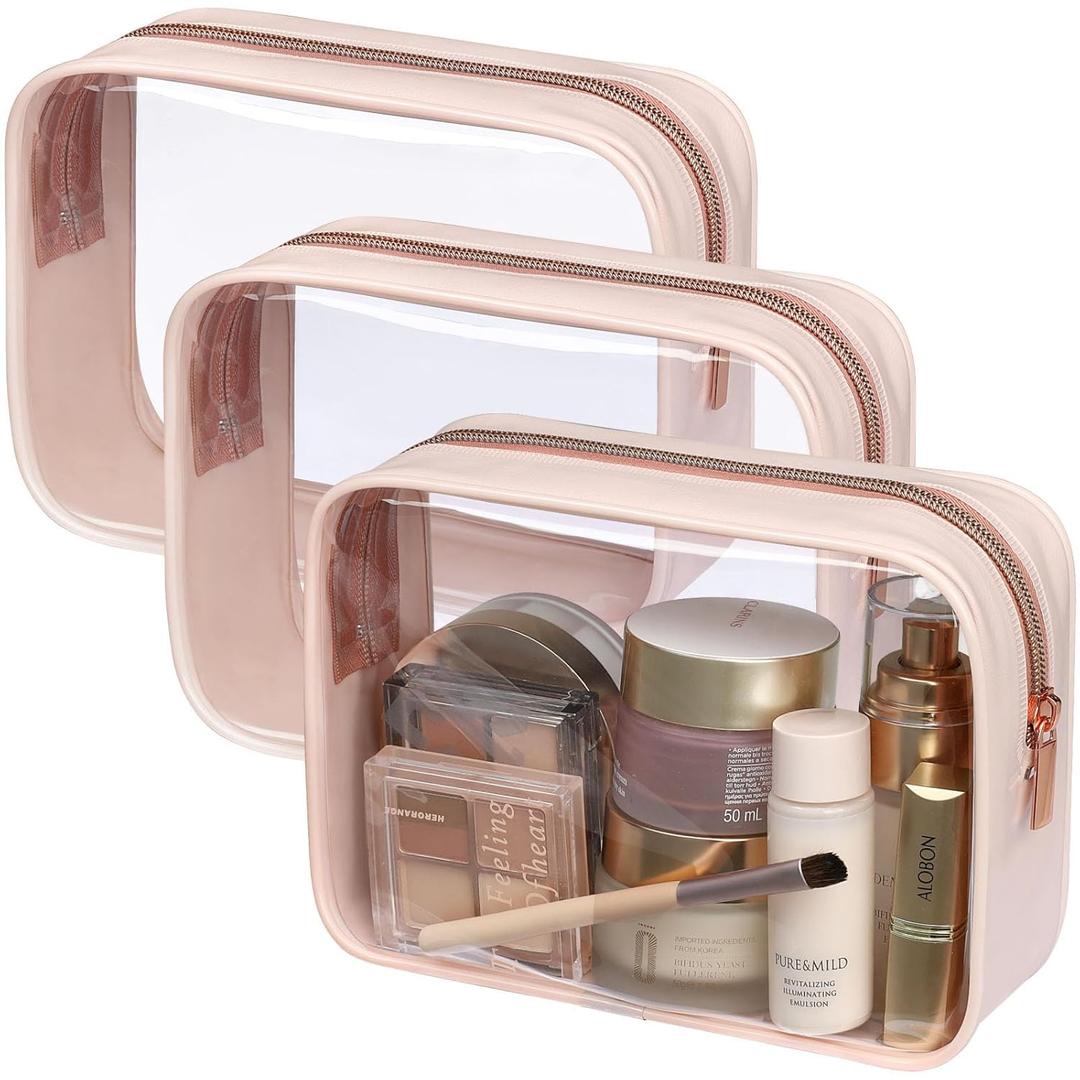 PACKISM TSA Approved Toiletry Bag - Clear Makeup Bag Waterproof Quart Size Bag, Travel Makeup Cosmetic Bag for Women, Carry on Airport Airline Compliant Bag, 3 Pack (Medium Set (Standard), Beauty Nude Pink 3 Pack)