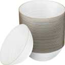 PLASTICPRO 32 Pieces Crystal Design Plastic Bowls 16 ounce Gold Rim Elegant Disposable Plates, Pearl White, Large