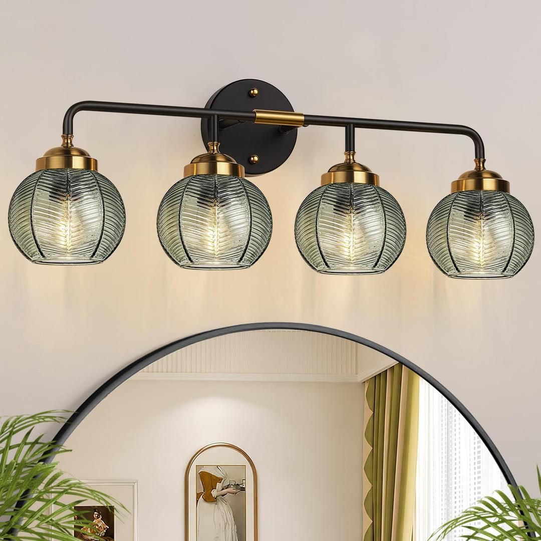 MOKATNG Bathroom Light Fixtures, 4-Light Green Vanity Lights with Unique Leaf Texture Glass Shade, Modern Matte Black and Gold Bathroom Wall Lamp for Mirror Hallway Cabinet Living Room