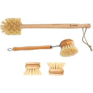ECOLULU Natural Bamboo Dish Brush & Wood Bottle Brush for Wide Mouth Bottles, Cups and Jars, 2 Replacement Heads included (3 units total) Biodegradable, Eco Friendly Products