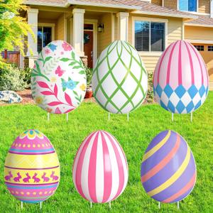 GlikCeil 6 Pcs Large Easter Eggs Yard Signs Easter Outdoor Lawn Decorations Waterproof Eggs Lawn Signs with Stakes for Spring Outdoor Garden Lawn Decoration, 22 x 17 inches (Stripe, Stylish Color)