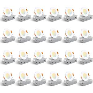 Amico 24 Pack 3 Inch 5CCT Ultra-Thin LED Recessed Ceiling Light with Junction Box, 2700K/3000K/3500K/4000K/5000K Selectable, 7W Eqv 60W, Dimmable Canless Wafer Light, 500LM High Brightness, ETL&FCC (White)