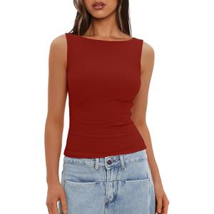 Darong Women's High Neck Tank Top Sleeveless Double Lined Basic Tops Going Out Casual Tank Shirts (Red, M)