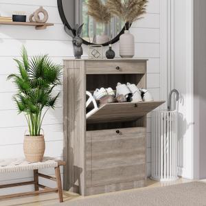 Shoe Cabinet with 2 Flip Drawers, Narrow Freestanding Shoe Storage Organizer, Slim Wooden Hidden Shoe Rack for Front Door Entrance, Closet, Hallway, Living Room, Rustic Gray (1pcs)