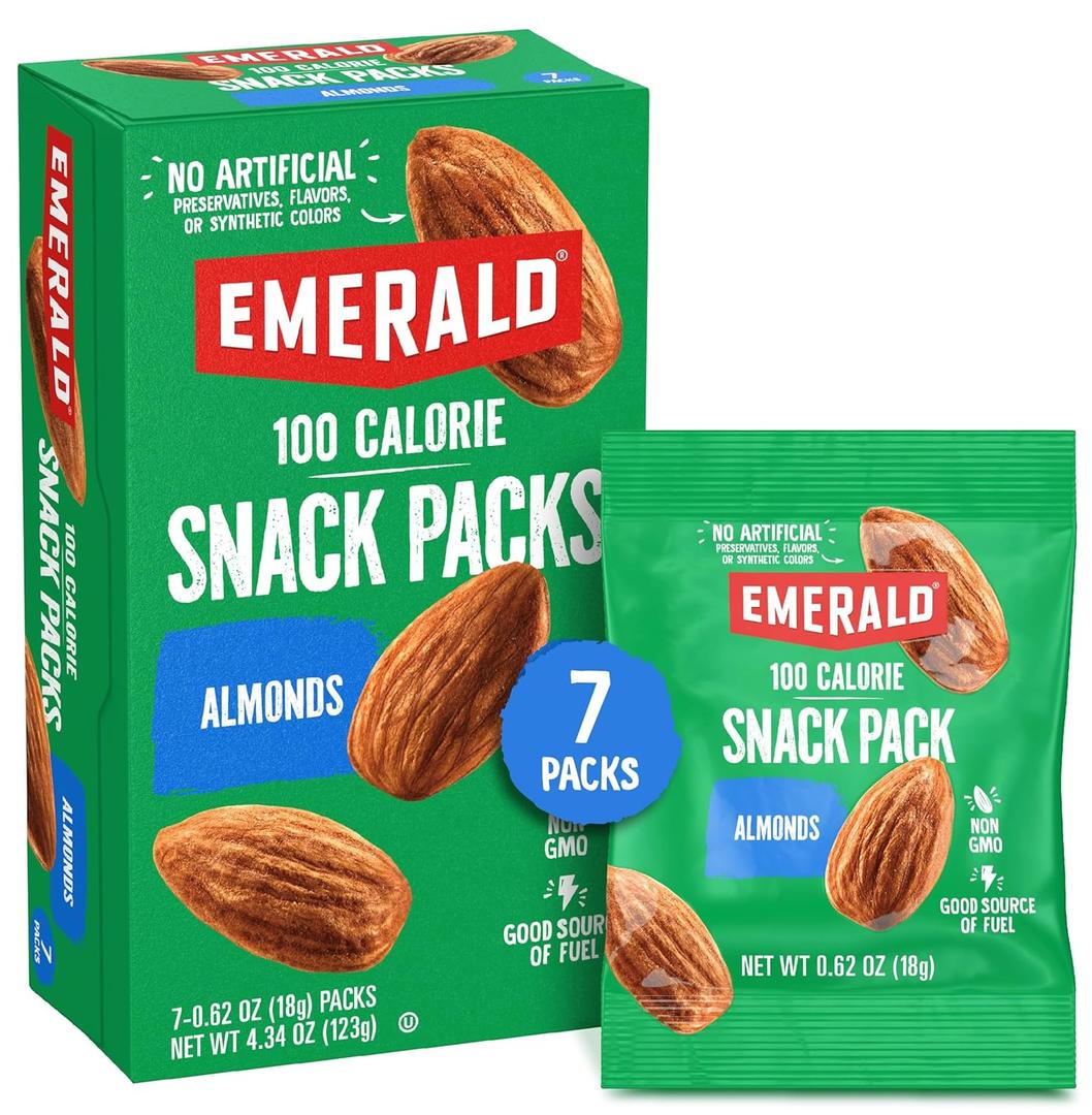 Emerald Nuts Whole Almonds 7ct (1-Pack), 100-Calorie Individual Packs, Kosher Certified, Non-GMO, Contains No Artificial Preservatives, Flavors or Synthetic Colors (4.34 Ounce (Pack of 1)) BB Date: 03/17/26