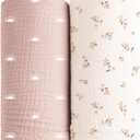 Konssy Muslin Swaddle Blankets for Girls Boys, 2 Pack Receiving Baby Blanket Large 47 x 47 inches, Soft Breathable Swaddling Wrap for Unisex Newborn (Pink Sun,Khaki Leaf)