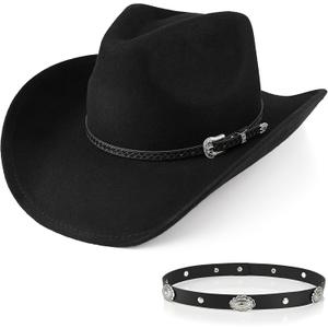 100% Wool Western Cowboy Hat Classic Black Cowboy Hat for Women Men Cowgirl Hat Fedora Hat Felt with Two Decorative Bands (Large-X-Large)