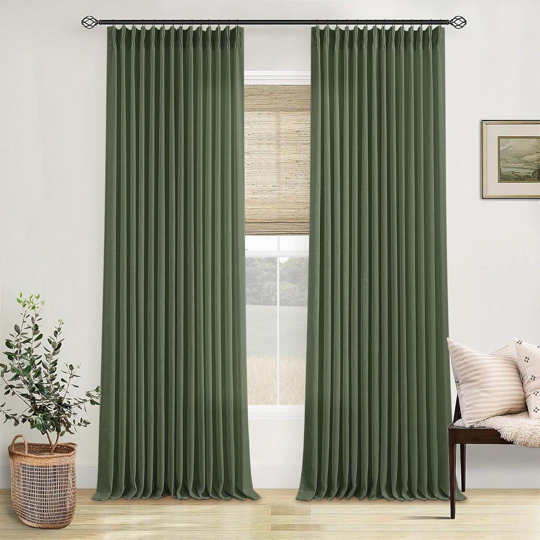 Olive Green Linen Pinch Pleated Curtains 84 Inches Long 2 Panels for Living Room Bedroom Linen Pleated Hooks Rings Back Tab Light Filtering Loden Moss Green Farmhouse Drapes 84 Inch Length (40"W x 84"L (Pack of 2))