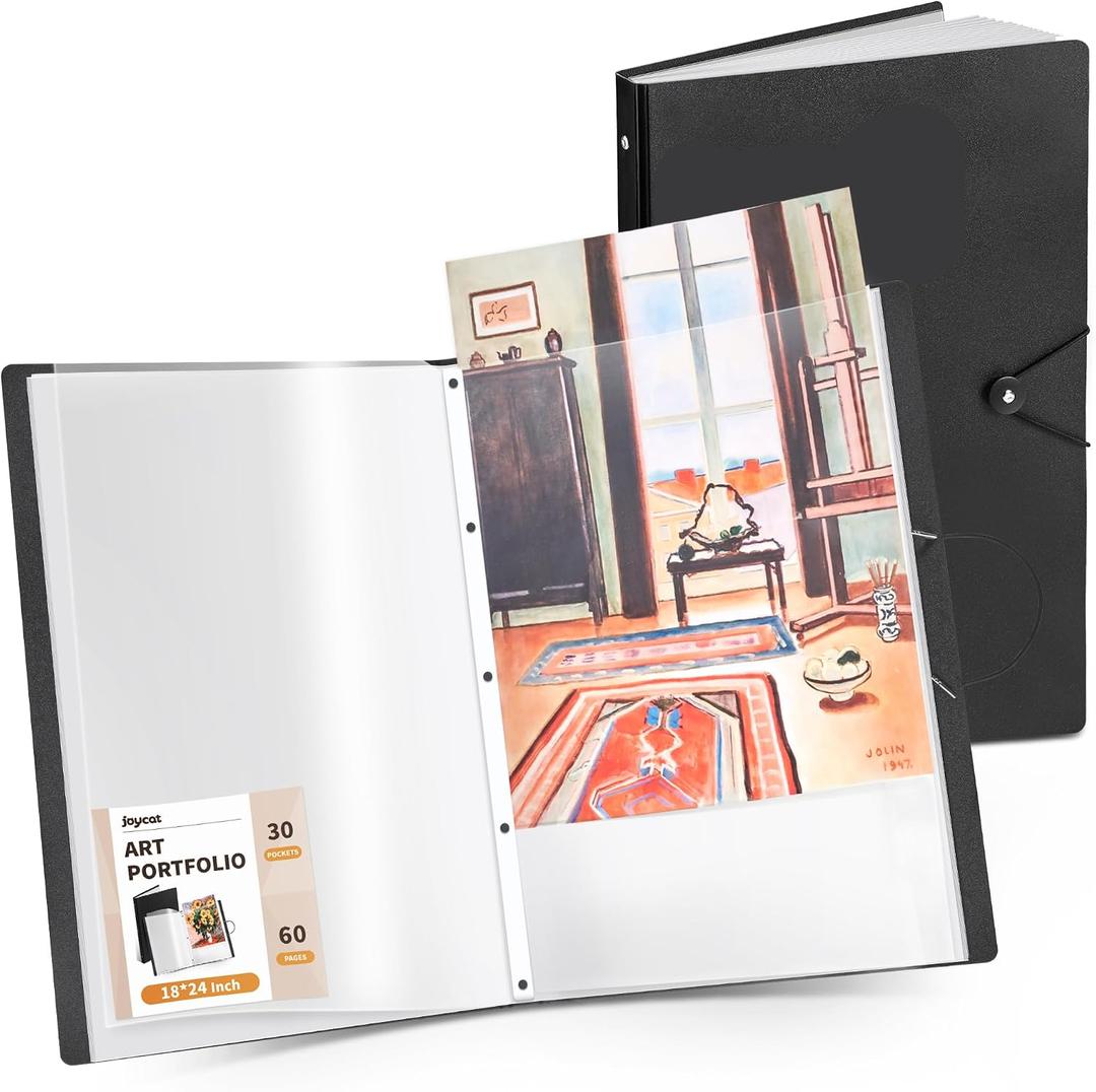 JoyCat Art Portfolio Fits 18x24 Inch, 30 Pockets Art Folder with Clear View Pages, 60 Sheets Presentation Binder for Diamond Art Painting, Artist Portfolios for Artwork Storage (Black)
