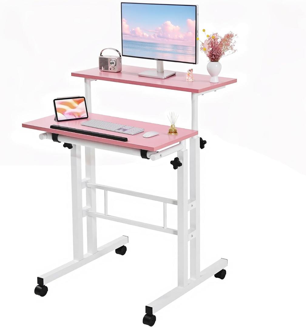 VECELO Small Mobile Standing Desk 24 Inch, Adjustable Height Portable Stand Up Desk with Wheels Computer Workstations, Rolling Laptop Cart, Pink (2 Separate Panel)