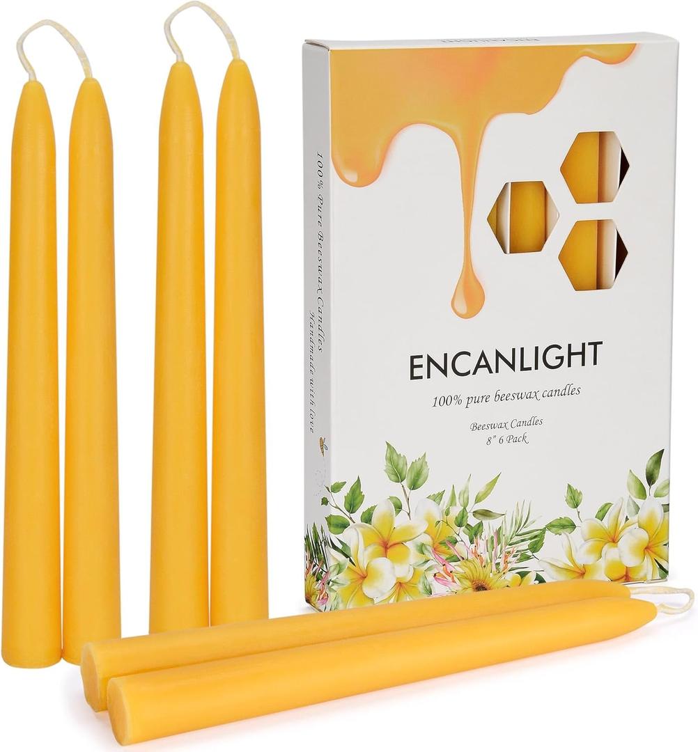 8 inch Beeswax Taper Candles, Natural Pure Bees Wax Candlesticks 6 Pack of 8 Hour Long Burning Time - Unscented, Smokeless and Dripless for Home Decor, Party, Dinner (Yellow)