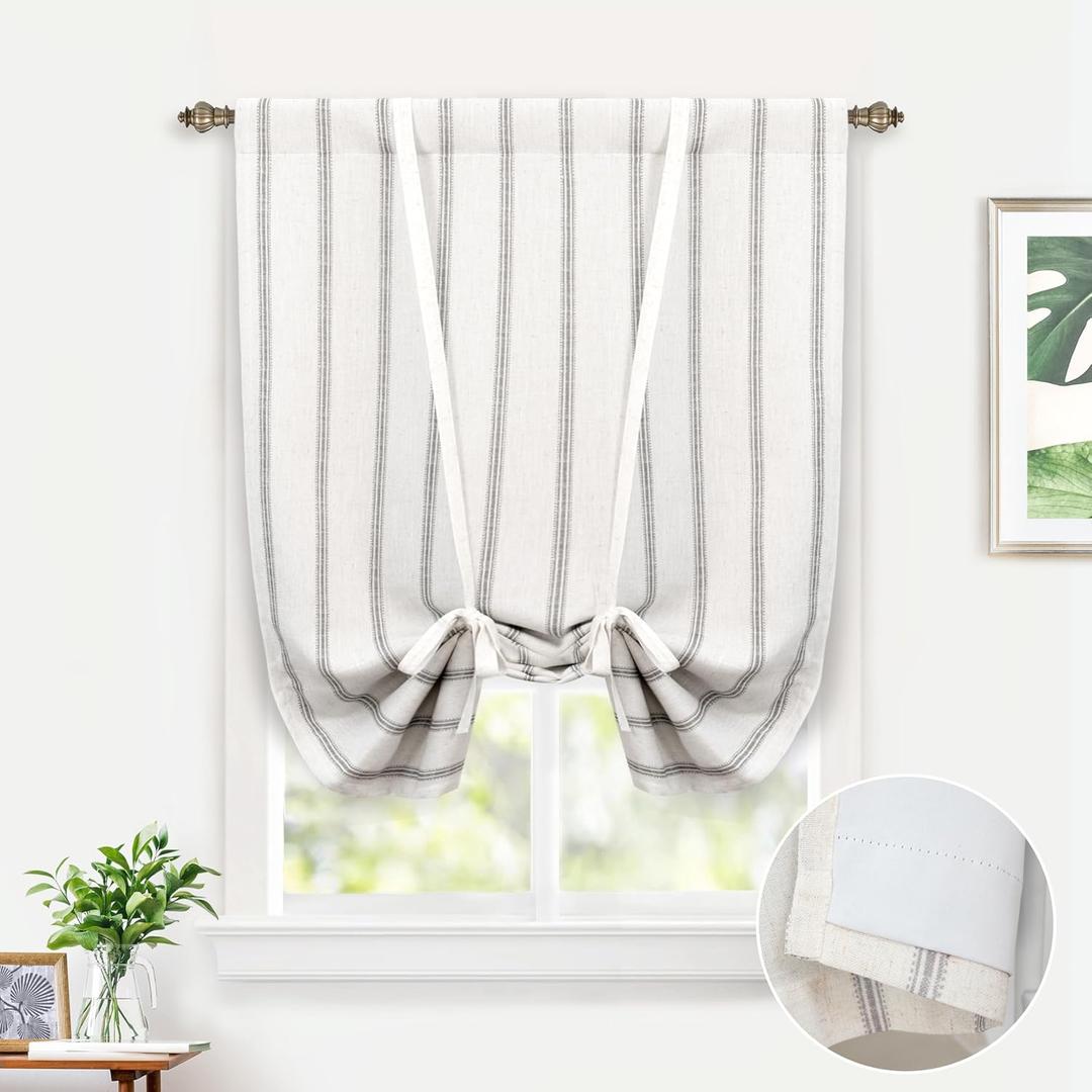 DriftAway Farmhouse Double Layer Linen Blackout Tie Up Curtains Thermal Insulated Vertical Striped Fully Lined Balloon Roman Shade Bathroom Window Adjustable Rod Pocket 31 Inch by 47 Inch Gray (Grey)