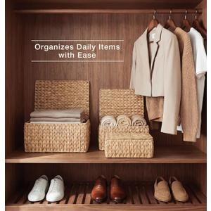84ECO Set of 3 Wicker Baskets with Lid - Woven Storage Basket with Lid - Decorative Storage Boxes for Bathroom, Bedroom and Shelves