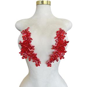 Handmade Bodice Rhinestones Applique Sewing Glass Beads Stones Crystal Trim Lace Patches for Dress Clothing Accessories 1pair/Bag 3.1X9.4inches (Red)