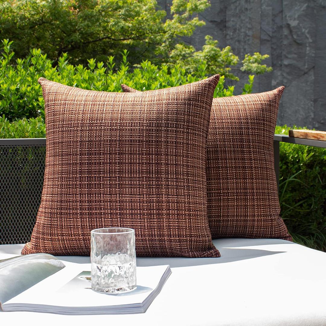 Kevin Textile Pack of 2 Decorative Outdoor Waterproof Throw Pillow Covers Stripe Square Pillowcases Modern Cushion Cases for Patio Couch Bench 22 x 22 Inch Coffee
